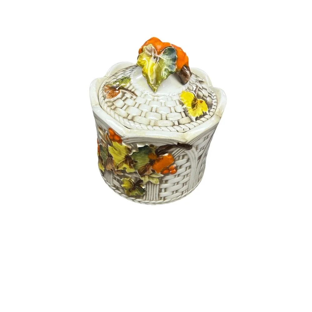Vintage Ardco Japan Ceramic Pumpkin Lidded Jar Basket Weave Fall Canister